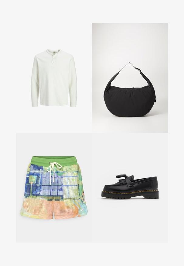 Weißes Langarm-Henley-Shirt mit drei Knöpfen und rundem Ausschnitt, auf einem schlichten weißen Hintergrund präsentiert.; Mesh-Basketballshorts mit einem grünen elastischen Bund, Kordelzug und einem mehrfarbigen abstrakten Muster in Blau-, Orange- und Grüntönen.; Schwarze Lederloafers mit einem fransenverzierten Akzent, ausgestattet mit einer robusten schwarzen Sohle und gelber Naht entlang der Kante. Texturierte Oberfläche.; Schwarze Schultertasche aus Stoff mit geschwungener Form, ausgestattet mit einem einzigen Tragegurt und einem Reißverschluss. Weiche Textur, minimalistisches Design.