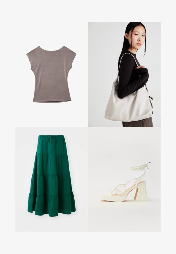 Siva kratka majica s kratkimi rokavi, sproščenega kroja, lahkotna tkanina, gladka tekstura, širok okrogli izrez, minimalni šivi in obšiti robovi.; Zeleno slojevito maxi krilo iz lahkega blaga. Ima elastiko v pasu in razpoznavne nabore na robu. Mehka tekstura.; Bela sandala na visokih petah s debelim petam, ki ima obliko trakcev in vezanje okoli gležnja. Gladka tekstura z platformo spredaj za dodatno višino.; Bežna torbica iz mehkega materiala, z ohlapno zasnovo, šivi in dvema naramnicama. Primerna za vsakodnevno uporabo.