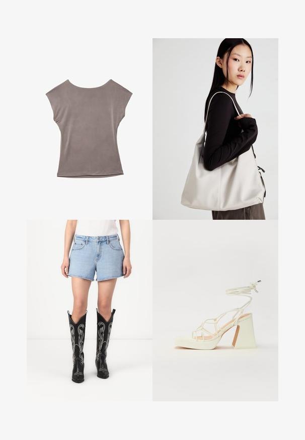 Szara bluzka z krótkim rękawem, luźny krój, lekki materiał, gładka tekstura, szeroki okrągły dekolt, minimalne szwy i wykończone krawędzie.; Niebieskie dżinsowe szorty o klasycznym kroju, zestawione z czarnymi skórzanymi kowbojkami z białymi haftowanymi wzorami i spiczastymi noskami.; Biała sandał na wysokim obcasie z masywnym słupkiem, z paskowym wzorem i wiązaniem przy kostce. Gładka faktura z platformą z przodu dla dodatkowej wysokości.; Beżowa torebka wykonana z miękkiego materiału, charakteryzująca się luźnym fasonem, wyszywanymi detalami i dwoma uchwytami na ramię. Idealna na co dzień.