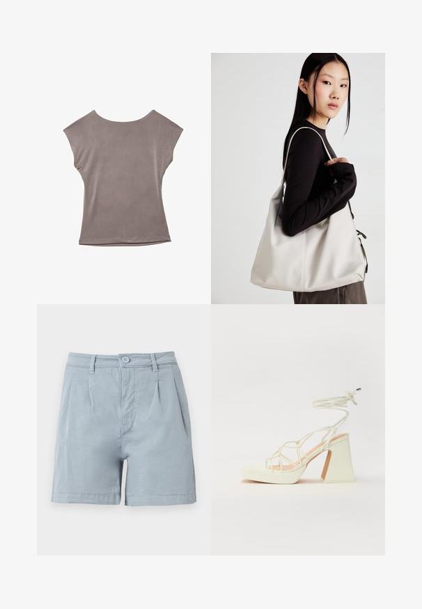 Sivý krátky rukáv, voľný strih, ľahká tkanina, hladká textúra, široký okrúhly výstrih, minimálne švy a olemované okraje.; Svetlomodré bavlnené šortky s plochým predným dielom, záhybmi a gombíkovým zapínaním. Obsahujú postranné vrecká a lem, ktorý sa končí v strede stehna.; Biele sandále na vysokom opätku s hrubým podpätkom, s pruhovaným dizajnom a viazaním na členku. Hladký povrch s platformou vpredu pre zvýšenú výšku.; Béžová kabelka vyrobená z mäkkého materiálu, s uvoľneným dizajnom, prišitými detailmi a dvoma popruhmi na nosenie na pleciach. Vhodná na každodenné nosenie.