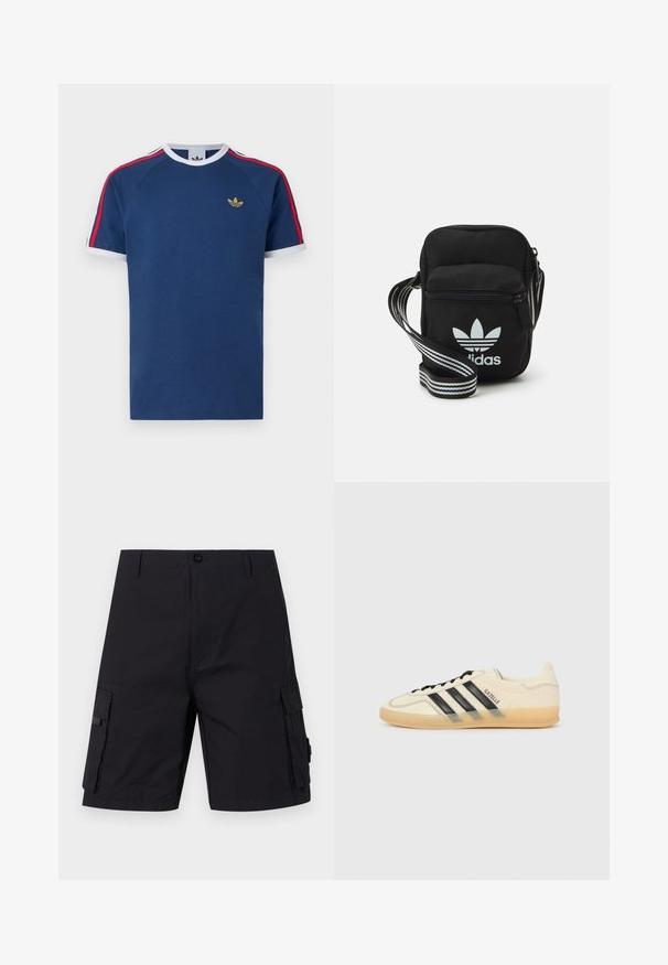 Tumesinine puuvillane T-särk, millel on valged ja punased triibud varrukatel, ümarselg ja väike kuldne logo rinnal.; Mustad sirged lühikesed püksid sirge lõikega, valmistatud vastupidavast kangast. Omab kahte küljetaskut ja nööpide sulgemist.; Kerge kreemjasneaker mustade kolme triibuga disainiga, tekstureeritud ülemine osa, ümar varvas ja kummitald. Omab paelu ja brändimist külgedel.; Mustmust värvi risti koti, millel on tõmblukuga sulgemine, valge Adidas'i logo ja triibuline reguleeritav rihm mugavaks kandmiseks.