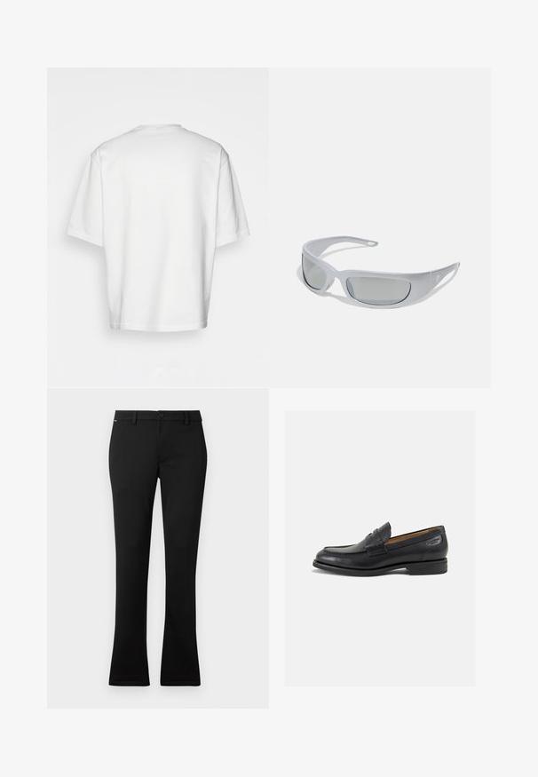 Balta trumpa rankovėmis marškinėliai, laisvas kirpimas, apvalus iškirpimas, lygaus džinsinio audinio, nepuošta nugara, tiesiai kraštu, be raštų ar akcentų.; Juodi kelniai iš lygaus audinio, tiesaus silueto su nedideliu išplėtimu apačioje, su priekiniais boutonais ir diržo kilpomis.; Juodi odiniai loafersai su lygiu paviršiumi, apvaliu pirštu ir dekoratyvine siūlė viršuje. Žemas sustiprintas kulnas ir lengvas blizgesys.; Akiniai nuo saulės su elegantišku, pilku plastiko rėmu, išlenktu dizainu ir pilkai tonuotais objektyvais. Išskirtinė detalė - logotipas ant vienos šakės.