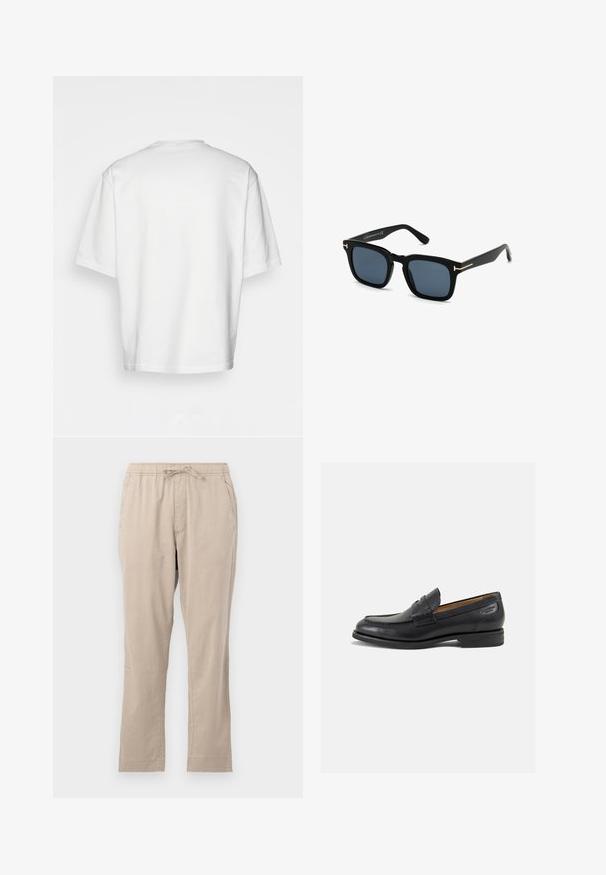 Tricou alb cu mânecă scurtă, croială lejeră, decolteu rotund, material din bumbac neted, spate simplu, margine dreaptă, fără modele sau accente.; Pantaloni bej, ușori, cu talie elastică, buzunare frontale și șnur. Textură netedă și design cu picior dreaptă.; Mocasini din piele neagră cu o finisare netedă, vârf rotund și cusături decorative pe partea superioară. Toc mic și stivuit, cu o ușoară strălucire.; Ochelari de soare pătrați negri, cu lentile întunecate, finisaj mat și accente de metal auriu pe templu, având un design minimalist.