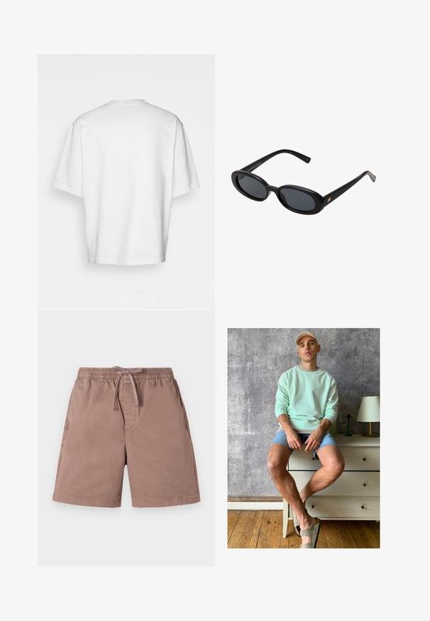 Λευκό κοντομάνικο t-shirt με στρογγυλή λαιμόκοψη, κατασκευασμένο από βαμβάκι. Απλός σχεδιασμός, χωρίς σχέδια ή διακοσμητικά, σε θέα από πίσω.; Ανοιχτό καφέ σορτσάκι από μαλακό ύφασμα με ελαστική μέση και κορδόνι. Διαθέτει πλαϊνές τσέπες και χαλαρή εφαρμογή.; Μίντ πράσινη φόρμα, τζιν σορτς και ελιόχρωμα παπούτσια slip-on. Καθισμένη σε μια ανοιχτή ντουλάπα μπροστά σε έναν υφασμάτινο γκρίζο τοίχο.; Μαύρα υπερμεγέθη γυαλιά ηλίου με ωοειδείς φακούς, λείο πλαστικό σκελετό και χρυσές λεπτομέρειες στους κροτάφους. Οι σκούροι φακοί προσφέρουν προστασία από τον ήλιο.