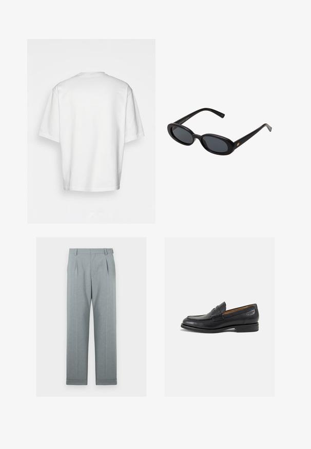 Fehér, rövidujjú póló, laza szabással, kerek dekoltázzsal, sima pamut anyagból, díszítés nélküli hátrésszel, egyenes szegéllyel, minta és kiegészítők nélkül.; Világosszürke nadrág, texturált anyagból, egyenes szárajú, egyetlen redővel és felhajtható szegéllyel. Minimalista és testre szabott megjelenés.; Fekete bőr loaferek sima felülettel, lekerekített orral és díszítő varrással a lábfejen. Alacsony, réteges sarkú és enyhe fényű.; Fekete, oversize napszemüveg ovális lencsékkel, sima műanyag kerettel és arany részletekkel a fülpánton. Sötét lencséi védelmet nyújtanak a napfény ellen.