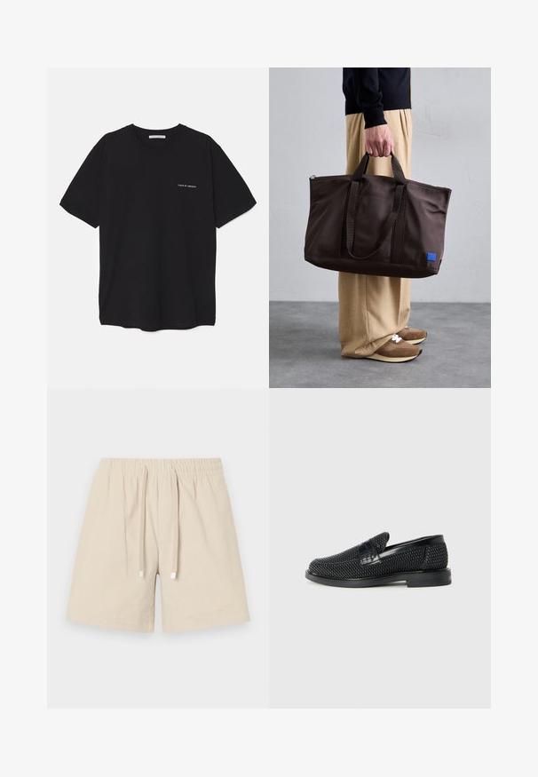 Musta puuvillapaita, jossa on pyöreä kaula-aukko, lyhyet hihat ja valkoinen logopainatus vasemmassa rinnassa. Yksinkertainen, tasavärinen design.; Beige puuvillashortsit, joissa on joustava vyötärö ja nauha. Ominaisuuksiin kuuluu teksturoitu kangas, jossa on sileä pinta, sekä nelikulmaiset metalliset yksityiskohdat nauhoissa.; Musta kudottu liukupohjallinen kenka, jossa on sileä nahkakorostus päällisessä, pyöreä kärki ja matala kumipohja.; Ruskea nylon-kassi, jossa on kaksoiskahvat, vetoketjukiinnitys ja sininen logopatch. Sileä pinta, jämäkkä rakenne, tilava sisustus.