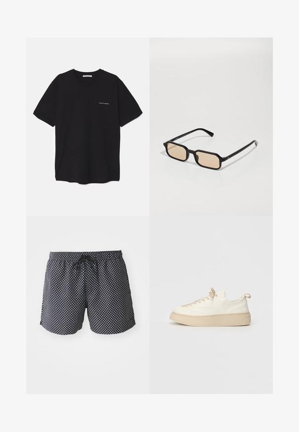 Must musta T-särk, ümar kaelus, lühikesed varrukad ja valge logo trükk vasakul rinnal. Lihtne, ühtlane värvitoon.; Mustad mustad ujumispüksid, millel on valge ringikujuline muster, elastne vöökoht erkskõhust ja mugav lahti istuv lõige.; Valged nahksneakerid beežide aktsentidega, millel on ümmargune nina, lame paelad, paks põhi ja tikand ümber aluse.; Mustad ristkülikukujulised prillid kergelt pruunide läätsedega, paksu raami, nurkadega kujuga ja peene kullatooniga aktsentidega prillide tempel.