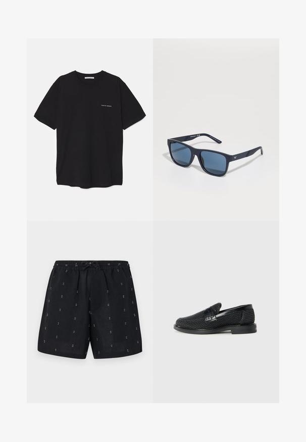 T-shirt en coton noir avec un col rond, des manches courtes et un logo blanc imprimé sur la poitrine gauche. Design simple, couleur unie.; Shorts en lin noir avec une taille élastique et un cordon de serrage. Présente de petits motifs géométriques blancs sur l'ensemble du tissu.; Chaussure slip-on tissée noire avec un accent en cuir lisse sur le dessus, un design à bout rond et une semelle en caoutchouc à profil bas.; Lunettes de soleil rectangulaires bleues avec verres foncés, monture mate marine, détail de logo sur la branche, branches droites et texture lisse et uniforme.