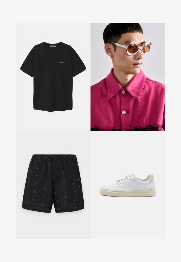 Sort bomulds T-shirt med rund hals, korte ærmer og en hvid logo print på venstre bryst. Simpelt, ensfarvet design.; Sorte linnedshorts med elastisk talje og snøre. Har små hvide geometriske mønstre over hele stoffet.; Hvide sneakers med en glat læderoverdel, beige snørebånd og en tekstureret beige ruskindsheel-tab. Hævet sål for ekstra højde.; Hvide og pink oversized solbriller med en buet stel, udstyret med brune tonede linser. Modellen har en pink denimjakke med krave på.