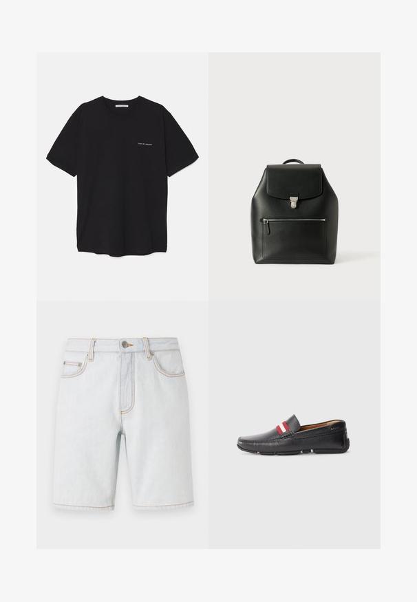 Black cotton T-shirt with a crew neck, short sleeves, and a white logo print on the left chest. Simple, solid color design.; Bally Denim shorts - light blue; Black leather slip-on shoe with textured surface, red and white striped accent on the upper, rounded toe, and rubber sole.; Black leather backpack with a flap closure, silver hardware, a front zipper pocket, and a textured finish.