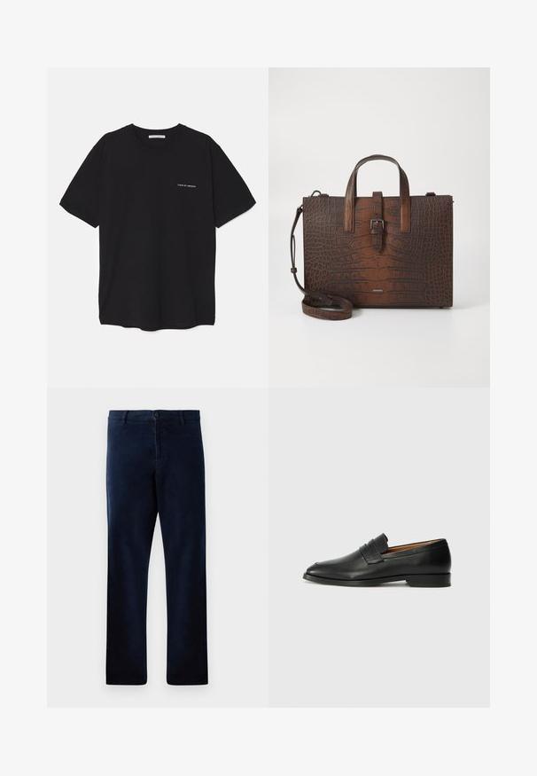 Zwarte katoenen T-shirt met een ronde hals, korte mouwen en een witte logo-print op de linkerkant van de borst. Eenvoudig, effen kleur ontwerp.; Marineblauwe broek van een zachte, gestructureerde stof, met knoopsluiting en rechte pijpen, voorzien van subtiele stikseldetails.; Zwarte leren instapper met een ronde neus, subtiele stikdetails en een lage hak, met een gladde textuur en een minimalistisch ontwerp.; Bruine handtas van krokodillenleer met reliëf, voorzien van bovenhandgrepen en een afneembare schouderband. Bevat een gespsluiting en heeft een rechthoekige vorm.