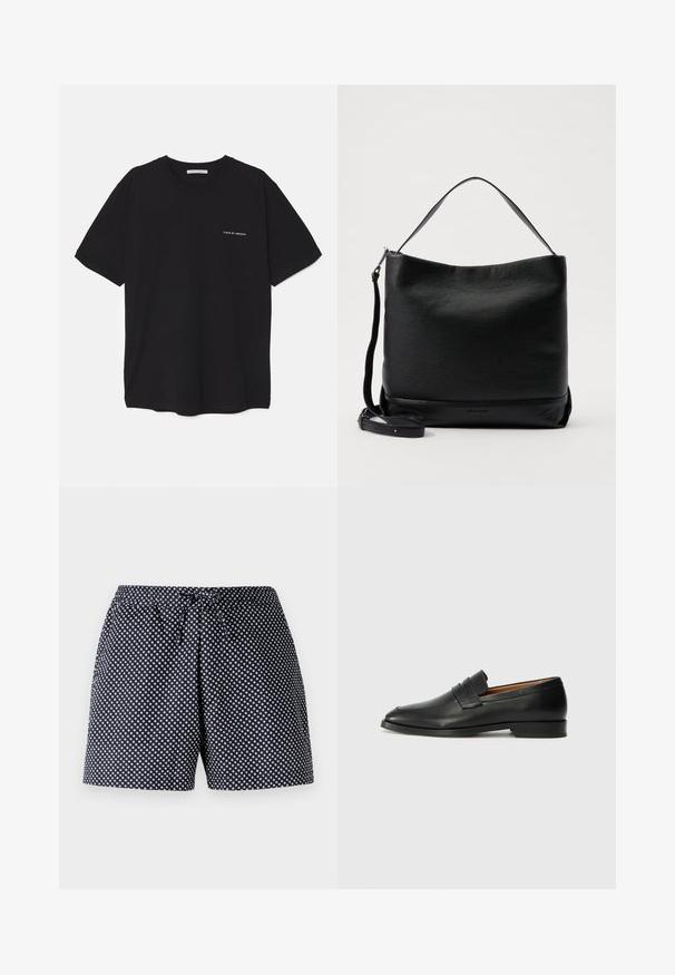 Tricou din bumbac negru, cu guler rotund, mâneci scurte și un imprimeu alb cu logo pe partea stângă a pieptului. Design simplu, de culoare uniformă.; Pantaloni scurți de culoare albastru marin cu un model de buline albe circulare, având un brâu elastic cu șnur. Material ușor, croială lejeră.; Lofer din piele neagră, cu vârf rotund, detalii cusute subtile și toc jos, având o textură netedă și un design minimalist.; Geantă de umăr din piele neagră, cu o finisare texturată, un vârf curbat și o curea detașabilă. Are un design simplu, cu hardware minim.