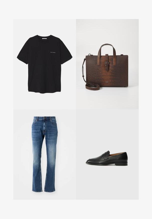Melnas kokvilnas T-krekls ar apaļu kaklu, īsām piedurknēm un baltu logotipa uzdruku kreisajā krūtī. Vienkāršs, vienkrāsains dizains.; Zili denima džinsi ar taisno kāju griezumu, ar izbalējušu mazgāšanu, priekšējām kabatām un pogu aizdari. Šuvju krāsa ir kontrastējošs oranžs.; Melnas ādas loafers ar noapaļotu purngala formu, smalku izšuvumu un zemu papēdi, piedāvājot gludu tekstūru un minimālistisku dizainu.; Brūna krokodila ādas rokassoma ar augšējiem rokturiem un noņemamu plecu siksnu. Iezīmes: sprādzes aizdare un taisnstūra forma.