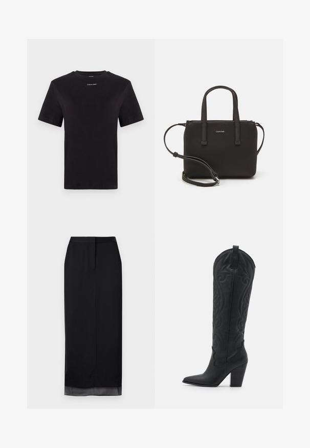 Zwarte katoenen t-shirt met korte mouwen, ronde hals en klein wit "Calvin Klein" logo op de borst. Gladde textuur, klassieke pasvorm.; Zwarte lange rok van gladde stof. Heeft een rechte silhoeet met een subtiele doorschijnende zoom, een op maat gemaakte tailleband en een split aan de achterkant.; Zign Cowboy-/Bikerlaarzen - black; Zwarte handtas met dubbele korte handvatten en een afneembare schouderriem. Glad, leerachtig materiaal met een ritssluiting en logo-detail.