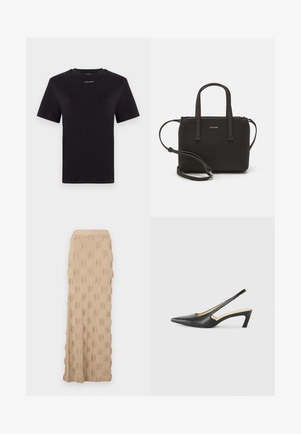Black cotton t-shirt with short sleeves, crew neck, and small white "Calvin Klein" logo at the chest. Smooth texture, classic fit.; Beige knitted maxi skirt featuring a textured pattern with frayed accents throughout and a ribbed waistband. Smooth and flexible material.; Black pointy-toed slingback shoe with a low heel, featuring smooth leather material and cut-out design on the side for breathability.; Black handbag with dual short handles and a removable shoulder strap. Smooth leather-like material with a zip closure and logo detail.