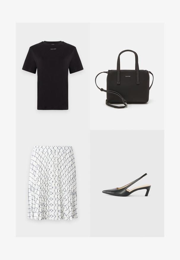 Juodas medvilninis marškinėliai trumpomis rankovėmis, apykaklė, su mažu baltu "Calvin Klein" logotipu krūtinėje. Lygus paviršius, klasikinis siluetas.; Balta sijonas su klostuotu dizainu, puoštas tamsiai mėlynu geometrišku raštu, sudarytu iš persipinančių linijų. Elastinga juosmens juosta su raišteliu.; Juodas smailus slingback batelis su žemu kulnu, pagamintas iš lygaus odos paviršiaus ir su išpjovomis šone, užtikrinančiomis oro pralaidumą.; Juoda rankinė su dviem trumpais rankenėlėmis ir nuimamu petį. Lygaus odos tipo medžiaga su užtrauktuku ir logotipo detale.