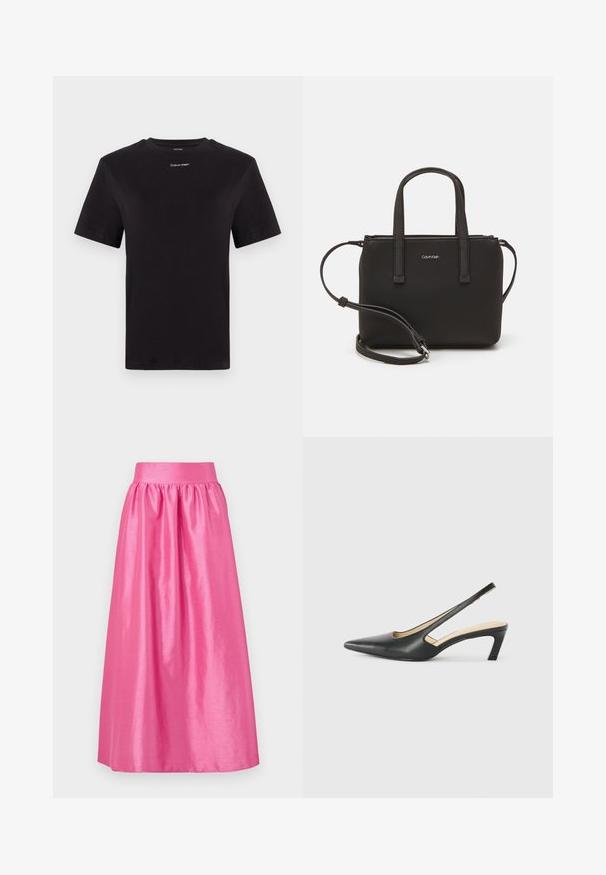 Zwarte katoenen t-shirt met korte mouwen, ronde hals en klein wit "Calvin Klein" logo op de borst. Gladde textuur, klassieke pasvorm.; Lange, roze satijnen rok met een geplooide taille en een vloeiende silhouet. Glad oppervlak met een glanzende afwerking.; Zwarte puntige slingback schoen met een lage hak, gemaakt van soepel leer en voorzien van een uitsnede aan de zijkant voor ventilatie.; Zwarte handtas met dubbele korte handvatten en een afneembare schouderriem. Glad, leerachtig materiaal met een ritssluiting en logo-detail.