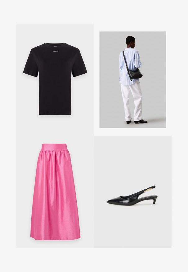 Svart bomull T-skjorte med korte ermer, rund hals og liten hvit "Calvin Klein" logo på brystet. Glatt tekstur, klassisk passform.; Lang, rosa satengskjørt med en samlet midje og en flytende silhuett. Jevn tekstur med en glinsende finish.; Sorte lærreim hæler med spiss tå, som har en slank hæl og en gullfarget detalj på den justerbare stroppen. Glatt tekstur.; Svart lær skulderveske med en myk tekstur, trekantet form og justerbar stropp, kombinert med en lyseblå stripete skjorte og hvite bukser.