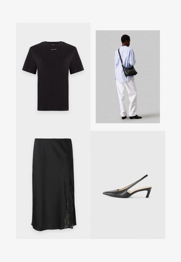 Fekete pamut póló rövid ujjakkal, kerek nyakkivágással és kis fehér "Calvin Klein" logóval a mellkasnál. Simás textúra, klasszikus fazon.; Fekete selyemszatén szoknya sima textúrával, melynek egyik oldalán csipkebetéttel és egyenes szegéllyel rendelkezik. Rugalmas derékpánt a kényelmes illeszkedés érdekében.; Fekete, hegyes orrú, slingback cipő alacsony sarkával, sima bőrből készült, oldalt kivágott deisgnal a légáteresztőképesség érdekében.; Fekete bőr válltáska puha tapintással, háromszög alakú, állítható pánttal, világoskék csíkos inggel és fehér nadrággal párosítva.