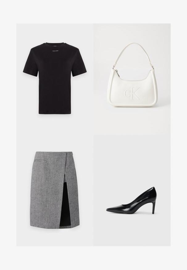 Melna kokvilnas T-kreklu ar īsām piedurknēm, apaļu kakla izgriezumu un nelielu baltu "Calvin Klein" logotipu krūtīs. Gluda tekstūra, klasiskā piegriezuma.; Pelēkā hounds-tooth svārki ar sānu šķēlumu, pieguļošs piegriezums un divas iešūtas kabatas. Izgatavoti no teksturēta auduma, lai panāktu strukturētu izskatu.; Melnas ādas augstpapēžu kurpes ar norādītu purngali, gludu tekstūru un šauru papēdi. Minimālistisks dizains, bez papildu rotājumiem.; Balta ādas rokassoma ar noapaļotu formu, uz kuras priekšpuses ir izgriezts "CK" logo un viena plecu siksna. Augšā aizverama ar rāvējslēdzēju.