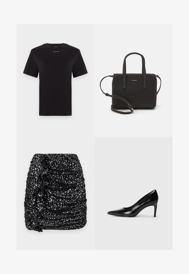 Čierne bavlnené tričko s krátkymi rukávmi, klasickým výstrihom a malým bielym logom "Calvin Klein" na hrudi. Hladká textúra, klasický strih.; Čierna minisukňa s rukávmi a striebornými flitrami, s textúrovaným povrchom a asymetrickým dizajnom pre zvýšený vizuálny záujem.; Čierna kožená vysoká topánka s ihlovým podpätkom a špičatou špicou, hladkou textúrou a zúženým podpätkom. Minimalistický dizajn, bez ďalších ozdôb.; Čierna kabelka s dvojitými krátkymi rúčkami a odnímateľným ramenným popruhom. Hladký materiál podobný koži s uzatváraním na zips a detailom loga.