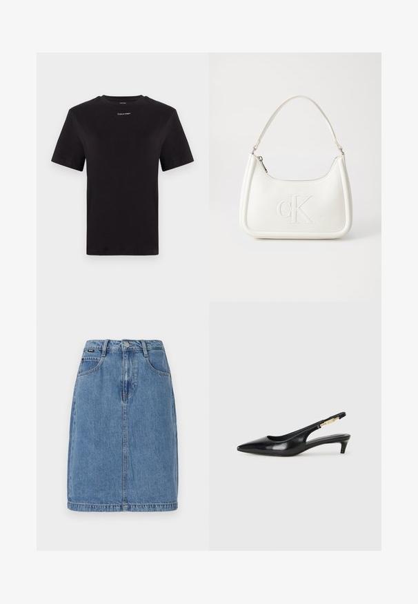 Tricou negru din bumbac, cu mâneci scurte, gât rotund și un mic logo alb "Calvin Klein" pe piept. Textură netedă, croială clasică.; Fustă din denim de culoare albastru deschis, cu croială dreaptă, având cinci buzunare, bucle pentru curea și închidere cu nasture în față, cu detalii de marmorat vizibile.; Sandale slingback din piele neagră cu vârf ascuțit, având un toc subțire și un accent de culoare aurie pe curea ajustabilă. Textură netedă.; Geantă de umăr din piele albă cu formă curbată, având un logo "CK" embosat pe partea din față și un singur braț de umăr. Închidere cu fermoar în partea de sus.