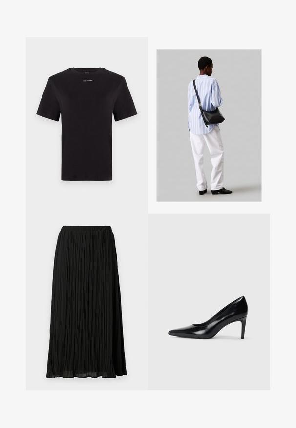 Tricou negru din bumbac, cu mâneci scurte, gât rotund și un mic logo alb "Calvin Klein" pe piept. Textură netedă, croială clasică.; Fustă midi plisată neagră cu talie elastică, având o suprafață texturată și un material ușor, fluid.; Pantof de damă din piele neagră, cu toc înalt, vârf ascuțit, textură fină și toc conic. Design minimalist, fără embellishments suplimentare.; Geantă de umăr din piele neagră cu o textură moale, formă triunghiulară și curea ajustabilă, asortată cu o bluză cu dungi albastre deschise și pantaloni albi.