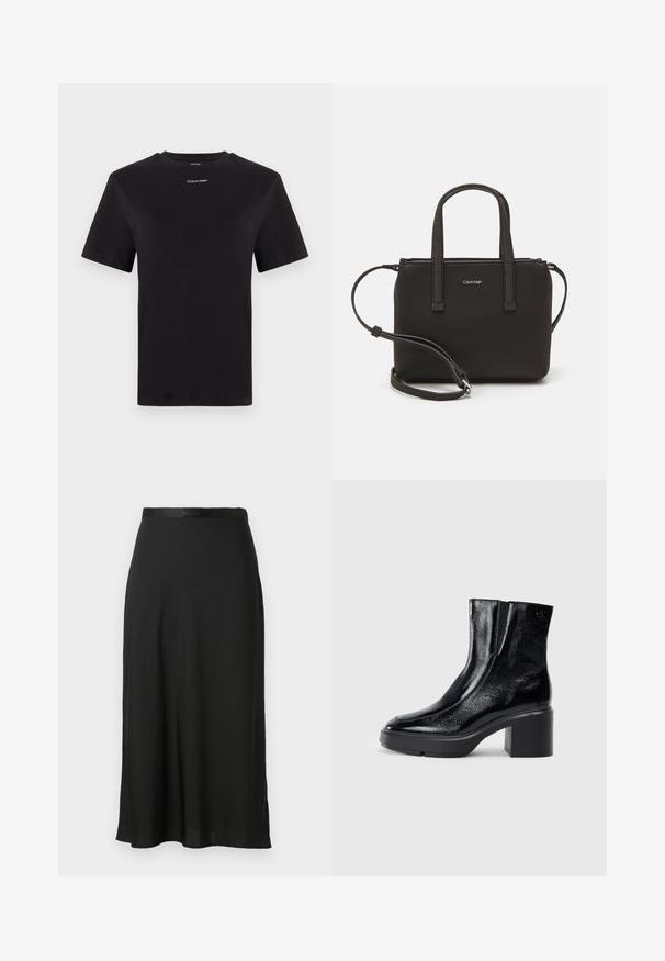 Zwarte katoenen t-shirt met korte mouwen, ronde hals en klein wit "Calvin Klein" logo op de borst. Gladde textuur, klassieke pasvorm.; Zwarte midi-rok van gladde stof, met een rechte silhouet, zijsplitsingen en een subtiele taillebanddetail.; Zwarte gepatenteerde leren enkellaarsjes met een gebogen neus, elastische zijpanelen en een chunky blokhak. Voorzien van een reliëflogo aan de achterkant.; Zwarte handtas met dubbele korte handvatten en een afneembare schouderriem. Glad, leerachtig materiaal met een ritssluiting en logo-detail.