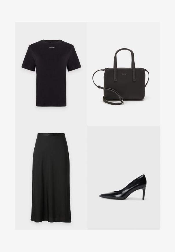 Schwarzes Baumwoll-T-Shirt mit kurzen Ärmeln, Rundhalsausschnitt und kleinem weißen "Calvin Klein"-Logo auf der Brust. Glatte Textur, klassischer Schnitt.; Schwarzer Midirock aus glattem Stoff, ausgestattet mit einer geraden Silhouette, seitlichen Schlitzen und einem dezenten Bunddetail.; Schwarzer Lederhochschuh mit spitzem Zehenbereich, glatter Textur und schmalem Absatz. Minimalistisches Design, keine zusätzlichen Verzierungen.; Schwarze Handtasche mit zwei kurzen, doppelt geflochtenen Griffen und einem abnehmbaren Schulterriemen. Glattes, lederähnliches Material mit einem Reißverschluss und Logodetail.