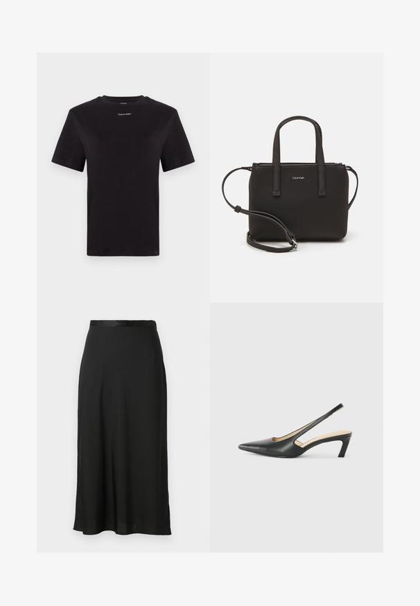 Čierne bavlnené tričko s krátkymi rukávmi, klasickým výstrihom a malým bielym logom "Calvin Klein" na hrudi. Hladká textúra, klasický strih.; Čierna midi sukňa vyrobená z hladkej tkaniny, s rovnou siluetou, bočnými rozparokmi a jemným detailom na páse.; Čierne slingback topánky s ostrou špičkou a nízkym opätkom, vyrobené z hladkej kože a s výrezmi na boku pre lepšiu priedušnosť.; Čierna kabelka s dvojitými krátkymi rúčkami a odnímateľným ramenným popruhom. Hladký materiál podobný koži s uzatváraním na zips a detailom loga.