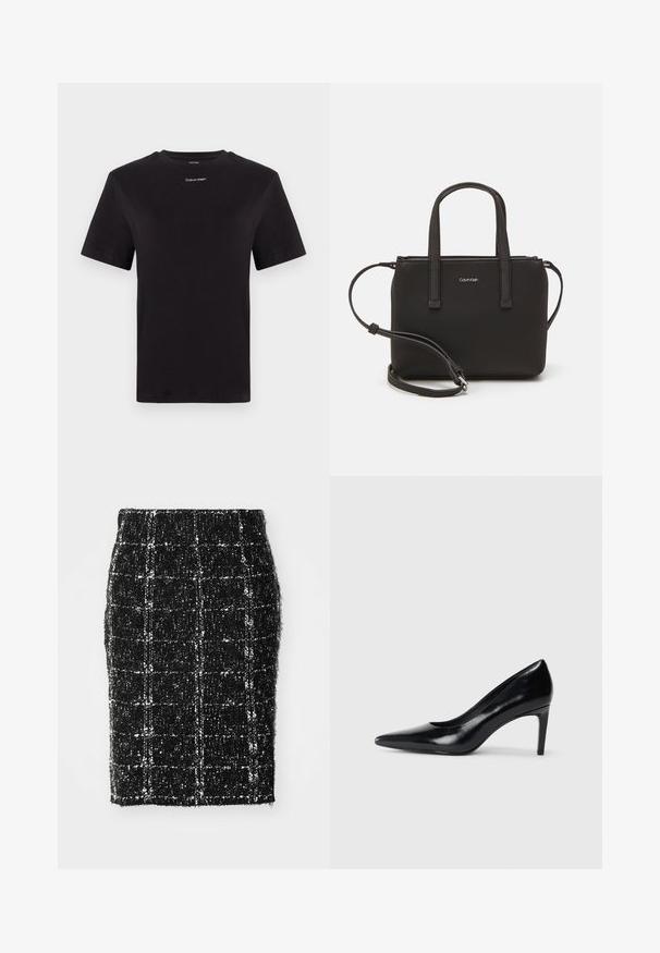 Zwarte katoenen t-shirt met korte mouwen, ronde hals en klein wit "Calvin Klein" logo op de borst. Gladde textuur, klassieke pasvorm.; Zwart-wit geblokte pencilrok met een gestructureerde afwerking, voorzien van een ruitpatroon en een aansluitend ontwerp. Middenhoogte taille, kniehoogte.; Zwarte leren hoge hak met een spitse neus, een gladde textuur en een tapse hak. Minimalistisch ontwerp, geen extra versieringen.; Zwarte handtas met dubbele korte handvatten en een afneembare schouderriem. Glad, leerachtig materiaal met een ritssluiting en logo-detail.
