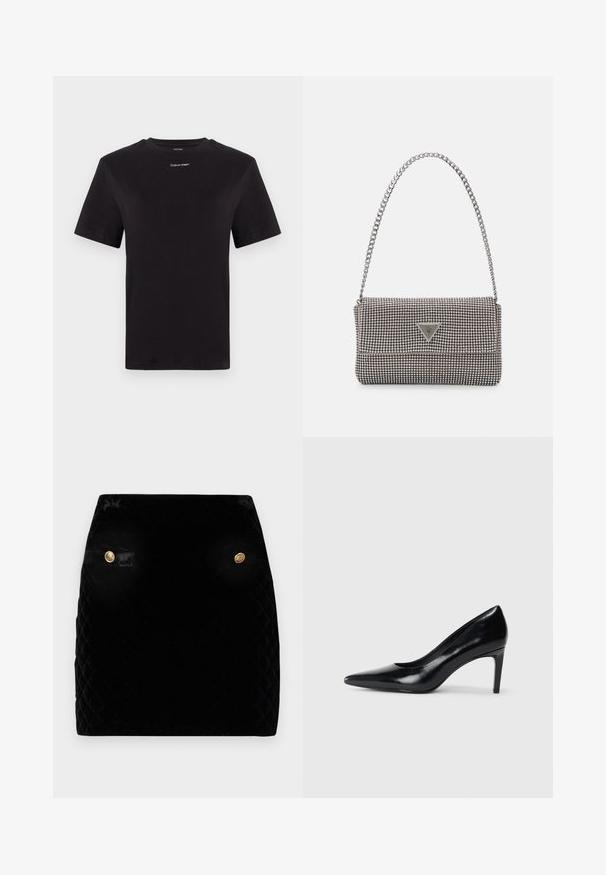 Must musta t-särk lühikeste käistega, ümberringi kaelusega ja väikese valge "Calvin Klein" logo'ga rinnal. Sile tekstuur, klassikaline lõige.; Must mustrill kantidega mini seelik, millel on kuldsed nupud vöökohal. Sile tekstuur ja struktureeritud disain, mis tagab istuva ilme.; Mustmust musta kõrge kontsaga king, millel on terav varvas, sile tekstuur ja kitsenev konts. Minimalistlik disain, ilma täiendavate kaunistusteta.; Helehall metallik handbags, millel on kett, kaunistatud väikeste ümmarguste metallist õmblustega ja kolmnurkse brändi logoga.