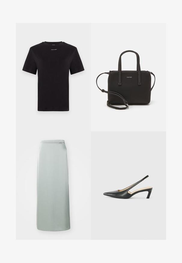 Sort bomulds t-shirt med korte ærmer, rund halsudskæring og lille hvid "Calvin Klein" logo på brystet. Glat tekstur, klassisk pasform.; Lang, lysegrøn nederdel lavet af glat stof. Har en lige snit med en skjult lynlås i taljen. Minimalistisk design, ingen mønstre eller accenter.; Sorte spidse slingback-sko med en lav hæl, lavet af glat læder og med udskæringer på siden for åndbarhed.; Sort håndtaske med to korte håndtag og en aftagelig skulderrem. Glat læderagtigt materiale med lynlåslukning og logo detaljer.