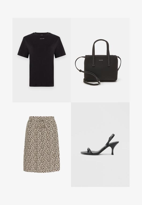 Black cotton t-shirt with short sleeves, crew neck, and small white "Calvin Klein" logo at the chest. Smooth texture, classic fit.; Leopard-print skirt in beige, featuring an elastic waistband and drawstring tie. Made from lightweight fabric with a soft texture.; Black leather high-heeled sandals with a slim, curved heel and a crossed strap design. Adjustable ankle strap. Smooth texture.; Black handbag with dual short handles and a removable shoulder strap. Smooth leather-like material with a zip closure and logo detail.