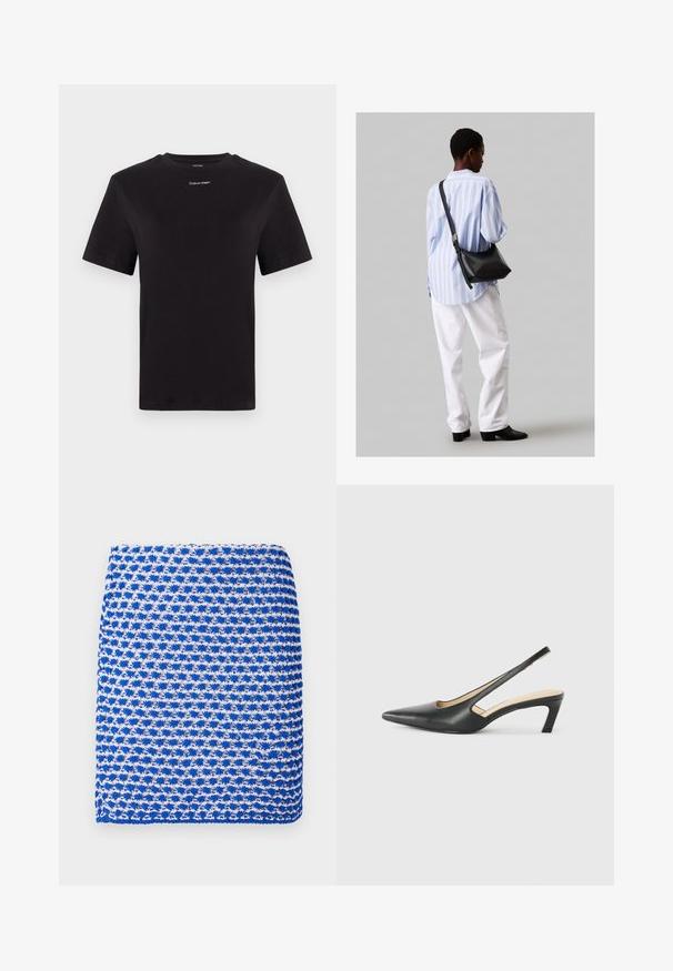 Czarny t-shirt bawełniany z krótkimi rękawami, okrągłym dekoltem i małym białym logo "Calvin Klein" na piersi. Gładka struktura, klasyczny krój.; Niebiesko-biała wzorzysta dziana chusta, charakteryzująca się teksturowanym splotem i prostokątnym kształtem, wykonana z lekkiego materiału.; Czarny but na obcasie typu slingback z ostro zakończonym noskiem, z niskim obcasem, wykonany z gładkiej skóry, z wycięciem po boku dla lepszej wentylacji.; Czarna skórzana torba na ramię o miękkiej fakturze, w kształcie trójkąta, z regulowanym paskiem, połączona z jasnoniebieską koszulą w paski i białymi spodniami.
