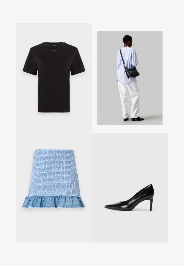 Musta puuvillapaita lyhyillä hihoilla, pyöreä pääntie ja pieni valkoinen "Calvin Klein" -logo rinnassa. Silkkinen pinta, klassinen istuvuus.; Vaaleansininen tweed-hame, jossa on röyhelöinen farkkuhelma. Hameessa on teksturoitu kuvio ja revittyjä reunoja, jotka luovat kerroksellista ilmettä.; Mustat nahkakengät korkealla korolla, terävä kärki, sileä pinta ja kapeneva korko. Minimalistinen muotoilu, ei ylimääräisiä koristeita.; Musta nahkainen olkalaukku, jossa on pehmeä rakenne, kolmion muoto ja säädettävä hihna, yhdistettynä vaaleansiniseen raidalliseen paitaan ja valkoisiin housuihin.