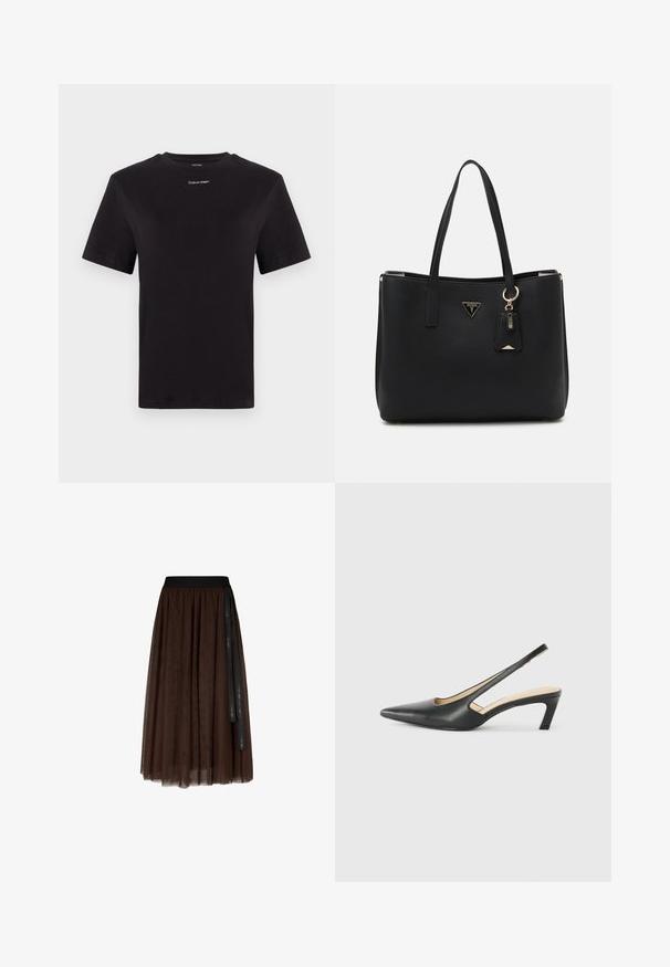 Schwarzes Baumwoll-T-Shirt mit kurzen Ärmeln, Rundhalsausschnitt und kleinem weißen "Calvin Klein"-Logo auf der Brust. Glatte Textur, klassischer Schnitt.; Brauner, midi-langer Tüllrock mit schwarzem elastischem Bund und langem schwarzen Band, das auf einer Seite herabhängt.; Schwarzer spitz zulaufender Slingback-Schuh mit niedrigem Absatz, der aus glattem Leder gefertigt ist und seitliche Ausschnitte für Atmungsaktivität aufweist.; Schwarze Tragetasche aus strukturiertem synthetischem Material, mit zwei Griffen, einem goldenen Logo-Schild und einem kleinen Anhänger mit Akzentdetail.