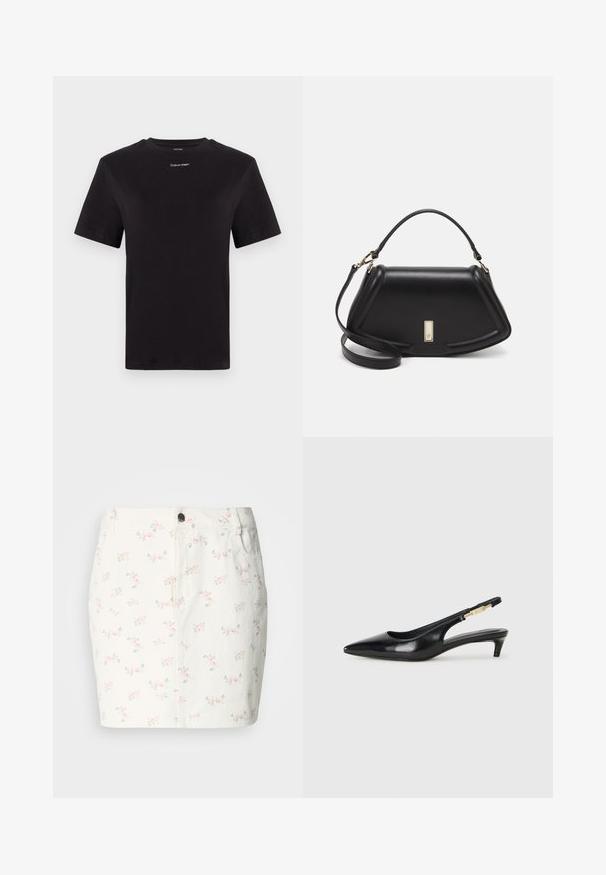 T-shirt in cotone nero con maniche corte, colletto a girocollo e piccolo logo bianco "Calvin Klein" sul petto. Texture liscia, vestibilità classica.; Gonna di denim bianca con motivo floreale nei toni del rosa e del verde, dotata di chiusura con bottoni frontali e tasche laterali. Design di lunghezza corta.; Tacchi slingback in pelle nera con punta affusolata, caratterizzati da un tacco alto e un accento dorato sulla cinghia regolabile. Texture liscia.; Borsa a mano in pelle nera con un design strutturato, caratterizzata da una forma corta, manico superiore e accessori in metallo dorato. Inclusa tracolla regolabile.