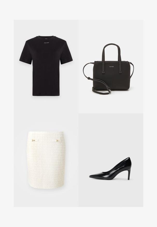 Black cotton t-shirt with short sleeves, crew neck, and small white "Calvin Klein" logo at the chest. Smooth texture, classic fit.; White tweed skirt featuring a textured pattern, slim fit, and gold hardware accents with two side catches.; Black leather high heel shoe with a pointed toe, smooth texture, and a tapered heel. Minimalist design, no additional embellishments.; Black handbag with dual short handles and a removable shoulder strap. Smooth leather-like material with a zip closure and logo detail.