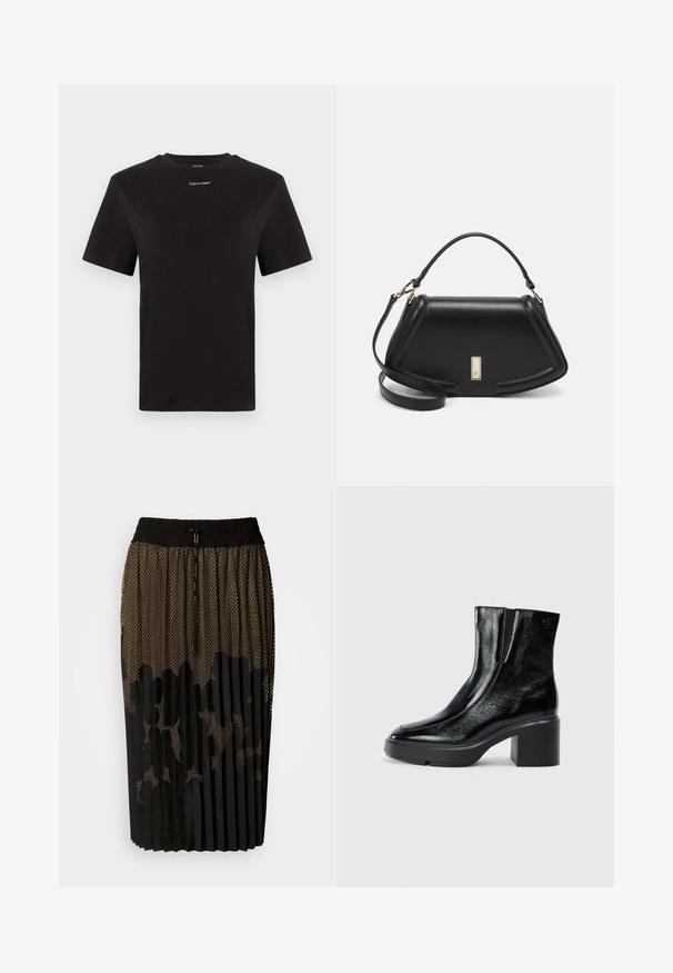 Schwarzes Baumwoll-T-Shirt mit kurzen Ärmeln, Rundhalsausschnitt und kleinem weißen "Calvin Klein"-Logo auf der Brust. Glatte Textur, klassischer Schnitt.; Schwarzer, plissierter Rock mit einem Netzüberzug mit gepunktetem Muster, elastischem Bund mit Kordelzug und einer mittellangen Passform.; Schwarze Lackleder-Stiefeletten mit einer geschwungenen Zehenpartie, elastischen Seiteneinsätzen und einem klobigen Blockabsatz. Mit geprägtem Logo auf der Rückseite.; Schwarze Lederhandtasche mit einem strukturierten Design, das eine verkürzte Form, einen oberen Griff und goldfarbene Hardware-Details aufweist. Verstellbarer Schulterriemen ist enthalten.
