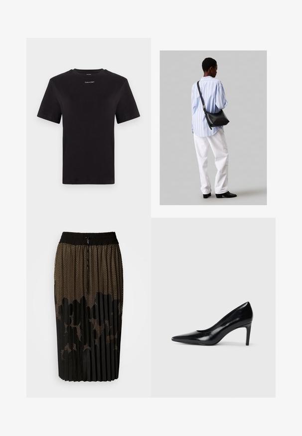 Svart bomull T-skjorte med korte ermer, rund hals og liten hvit "Calvin Klein" logo på brystet. Glatt tekstur, klassisk passform.; Svart plisségjørt med mesh-overlay som har et prikkemønster, elastisk liv med snøring og en midtlengde.; Sorte skinnhøye hæler med spiss tå, glatt tekstur og avsmalnet hæl. Minimalistisk design, ingen ekstra dekorasjoner.; Svart lær skulderveske med en myk tekstur, trekantet form og justerbar stropp, kombinert med en lyseblå stripete skjorte og hvite bukser.