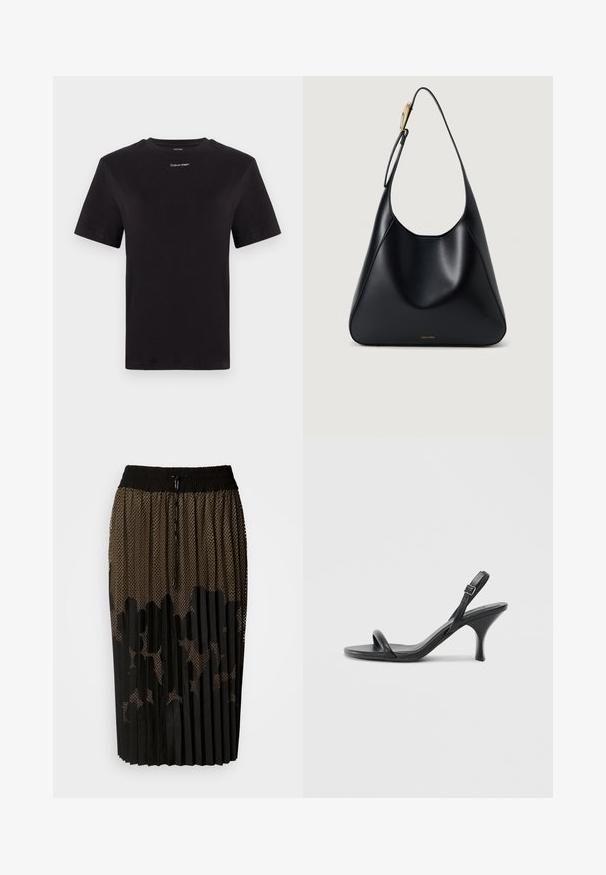 Black cotton t-shirt with short sleeves, crew neck, and small white "Calvin Klein" logo at the chest. Smooth texture, classic fit.; Black pleated skirt with a mesh overlay featuring a dotted pattern, elastic waistband with drawstring, and a mid-length cut.; Black leather high-heeled sandals with a slim, curved heel and a crossed strap design. Adjustable ankle strap. Smooth texture.; Black leather shoulder bag with a smooth texture, curved silhouette, and a gold hardware accent. Features embossed brand logo at the base.