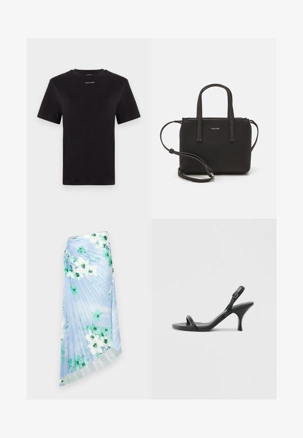 Črna bombažna majica s kratkimi rokavi, okroglim izrezom in majhnim belim logotipom "Calvin Klein" na prsih. Gladka tekstura, klasičen kroj.; Plisirana krila v svetlo modrem blagu s cvetnim vzorcem, ki vključuje zelene in bele cvetove; subtilen sijaj in kontrastni teksturiran rob.; Črne usnjene visoke sandale s tankim, ukrivljenim petam in obliko križanih trakov. Nastavljiv trak okoli gležnja. Gladka tekstura.; Črna torbica z dvema kratkima ročajema in odstranljivim naramnim trakom. Gladek usnju podoben material z zadrgo in podrobnostmi z logotipom.