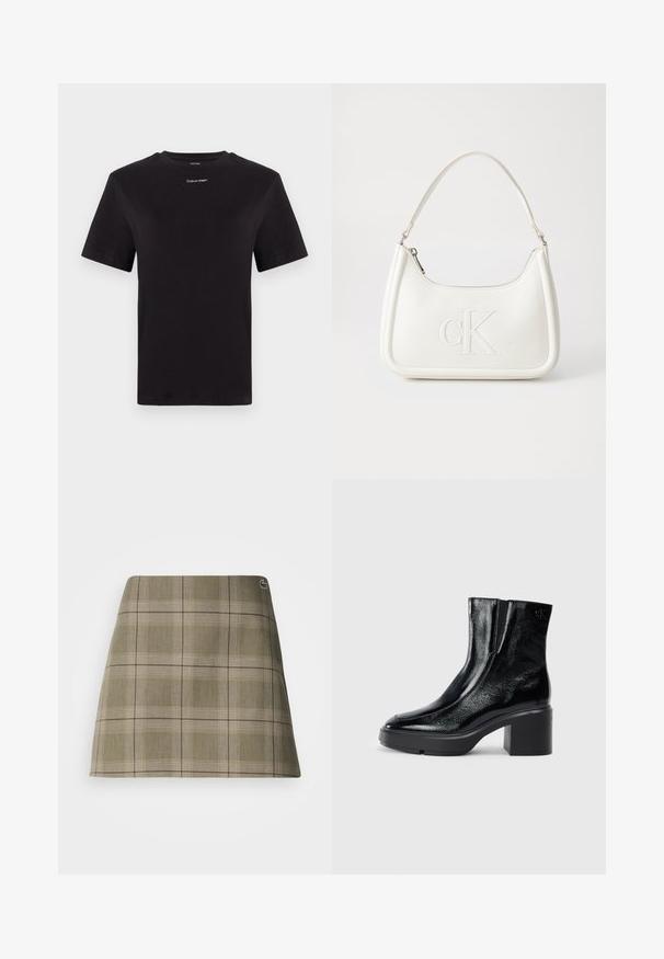 Črna bombažna majica s kratkimi rokavi, okroglim izrezom in majhnim belim logotipom "Calvin Klein" na prsih. Gladka tekstura, klasičen kroj.; Karirana mini krila v olivno zeleni in bež barvi, z ravno zasnovo, diskretno teksturo in majhnim logotipom blizu pasu.; Črne lakirane gležnjarje z ukrivljenim nosom, elastičnimi stranskimi paneli in debelim blokastim peto. Imajo vtisnjen logotip na zadnjem delu.; Bela usnjena torbica s ukrivljeno obliko, ki na sprednji strani nosi vžgano logo "CK" in ima eno naramnico. Zadrga za zapiranje na vrhu.