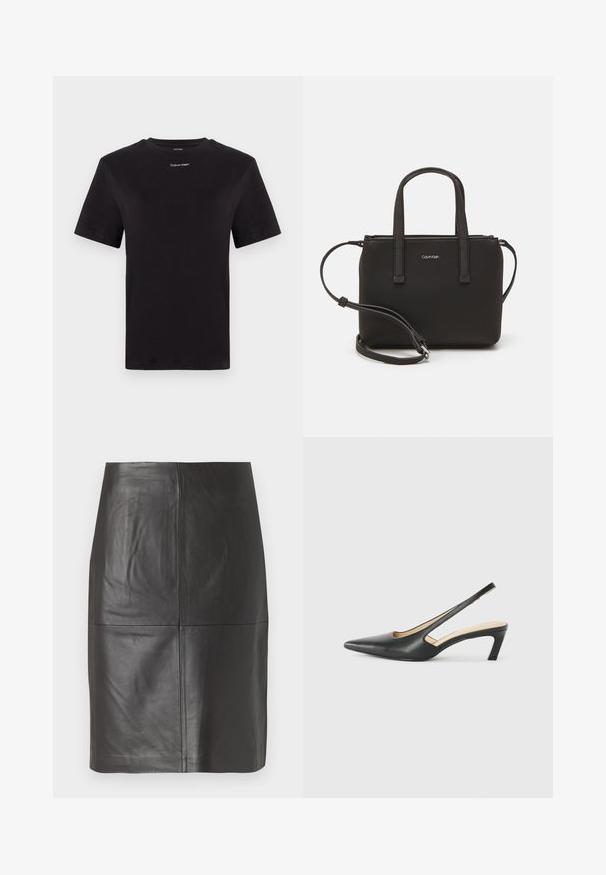 Must musta t-särk lühikeste käistega, ümberringi kaelusega ja väikese valge "Calvin Klein" logo'ga rinnal. Sile tekstuur, klassikaline lõige.; Must mustkas musta nahast, millel on sile tekstuur, vertikaalsed õmblused ja sirge lõikega disain. Ei mingeid nähtavaid metallosi ega dekoratiivelemente.; Must mustaga, terav varvas, madala kontsaga sildiga king, mis on valmistatud siledast nahast ja mille küljel on lõike disain hingavuse tagamiseks.; Musthave mustrans vöö ja eemaldatav õlarihm. Gludike nahk siledaga, millel on tõmblukk ja logo detail.
