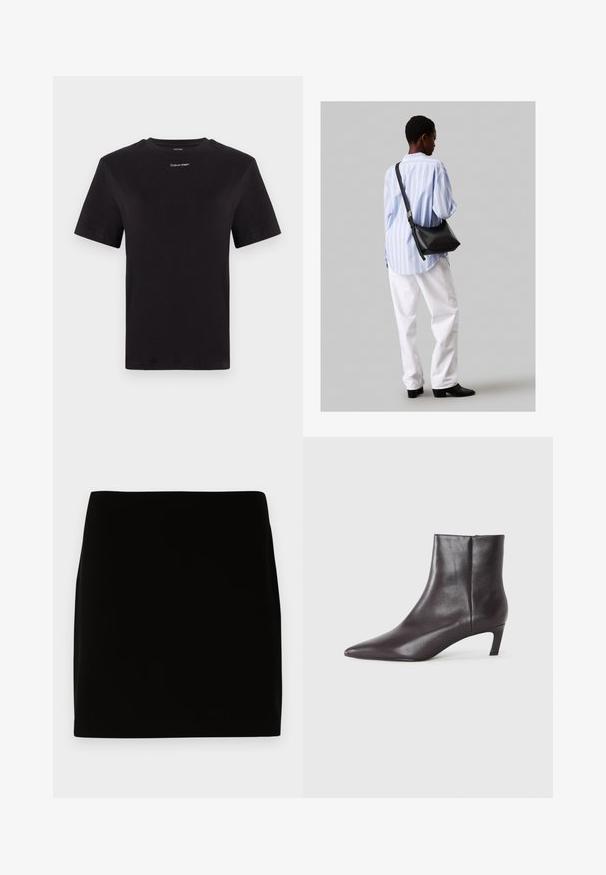 Čierne bavlnené tričko s krátkymi rukávmi, klasickým výstrihom a malým bielym logom "Calvin Klein" na hrudi. Hladká textúra, klasický strih.; Čierna mini sukňa vyrobená z hladkej látky, s jednoduchým dizajnom bez viditeľných švov alebo ozdôb. Čisté línie a priame strih.; Čierne kožené členkové topánky s špicatou špičkou a nízkym podpätkom, hladký povrch, bočný zips, zobrazené na neutrálnom pozadí.; Čierna kožená ramenná taška so mäkkou textúrou, trojuholníkovým tvarom a nastaviteľným popruhom, skombinovaná s svetlomodrou pruhovanou košeľou a bielymi nohavicami.