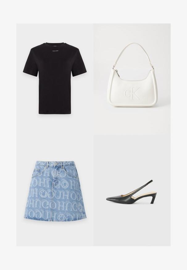Zwarte katoenen t-shirt met korte mouwen, ronde hals en klein wit "Calvin Klein" logo op de borst. Gladde textuur, klassieke pasvorm.; Leren jeansrok in lichtblauw met een overal herhalend logopatroon, een vijf-pocket ontwerp en een uitlopende silhouet met een zichtbare tailleband.; Zwarte puntige slingback schoen met een lage hak, gemaakt van soepel leer en voorzien van een uitsnede aan de zijkant voor ventilatie.; Witte lederen handtas met een gebogen vorm, voorzien van een reliëf "CK" logo aan de voorkant en een enkele schouderriem. Ritsluiting aan de bovenkant.