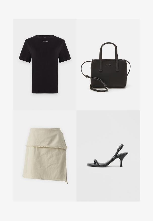 Camiseta de algodón negra con mangas cortas, cuello redondo y pequeño logo blanco de "Calvin Klein" en el pecho. Textura suave, corte clásico.; Falda envolvente beige hecha de algodón, con un diseño en capas, dobladillo deshilachado y lazos laterales para un ajuste ajustable. Textura suave en toda la prenda.; Sandalias de tacón alto de cuero negro con un tacón delgado y curvado y un diseño de tiras cruzadas. Correa para el tobillo ajustable. Textura suave.; Bolso de mano negro con dos asas cortas y una correa de hombro removible. Material suave tipo cuero con cierre de cremallera y detalle del logo.