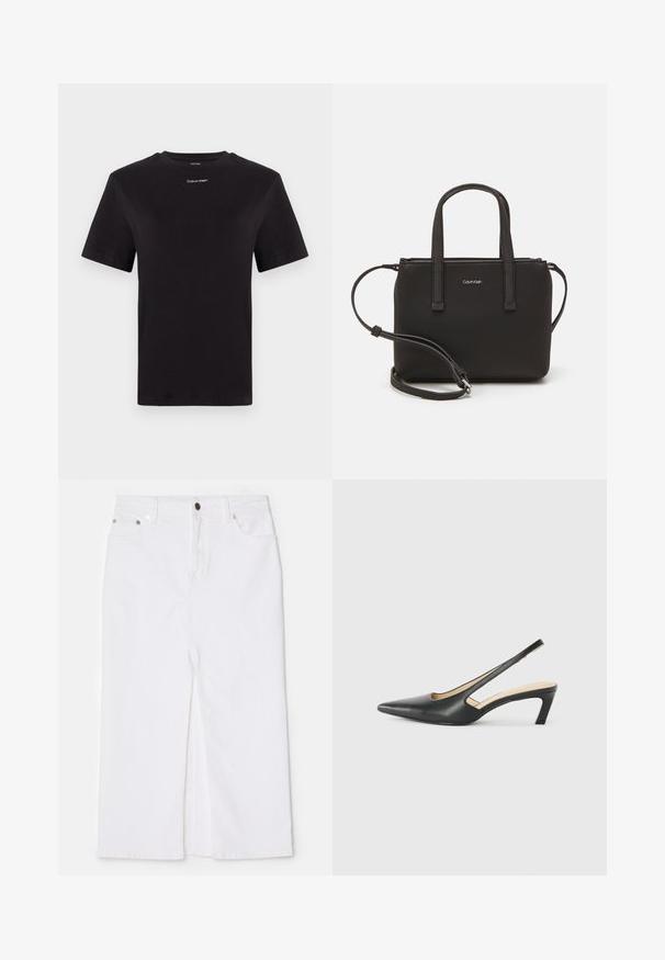 T-shirt noir en coton à manches courtes, col rond, avec un petit logo blanc "Calvin Klein" sur la poitrine. Texture lisse, coupe classique.; Jupe en denim blanc avec une coupe droite, fente avant, design cinq poches, bouton et rivets en métal, et détail d'ourlet effiloché au bas.; Slingback noir à bout pointu avec un petit talon, en cuir lisse et doté d'un design découpé sur le côté pour plus de respirabilité.; Sac à main noir avec deux poignées courtes et une bandoulière amovible. Matière lisse semblable à du cuir avec une fermeture éclair et un détail de logo.