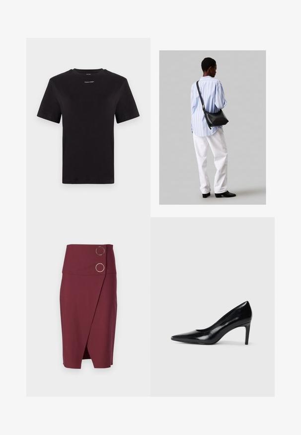 Melna kokvilnas T-kreklu ar īsām piedurknēm, apaļu kakla izgriezumu un nelielu baltu "Calvin Klein" logotipu krūtīs. Gluda tekstūra, klasiskā piegriezuma.; Burgundijas krāsa, augsta vidukļa zīda svārki ar iepakoto dizainu un diviem apaļiem metāla pogām priekšā. Gluda tekstūra.; Melnas ādas augstpapēžu kurpes ar norādītu purngali, gludu tekstūru un šauru papēdi. Minimālistisks dizains, bez papildu rotājumiem.; Melna ādas plecu soma ar mīkstu tekstūru, trīsstūra formu un regulējamu siksnu, apvienota ar gaiši zilu svītrotu krekli un baltām biksēm.